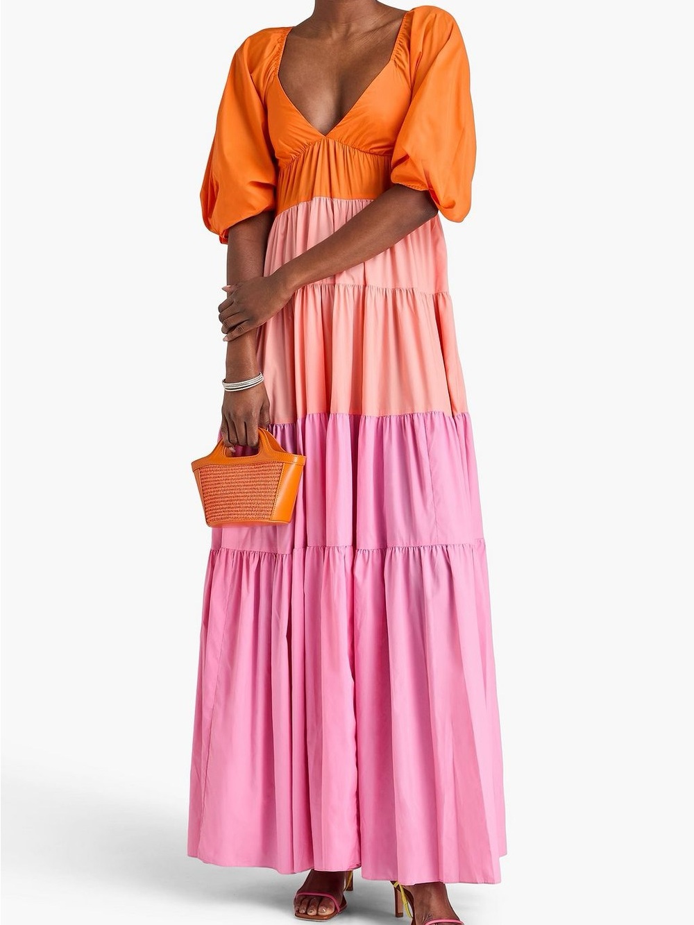 Staud meadow tiered color-block shell midi dress pink and orange